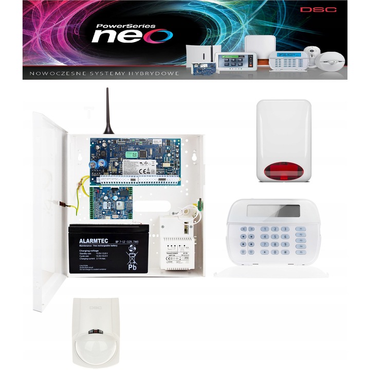 Sistem de alarma, DSC, set complet, 1 senzor de miscare Bosch, GSM, HS2016, HS2LCD, alb, dimensiuni 280x290x80mm