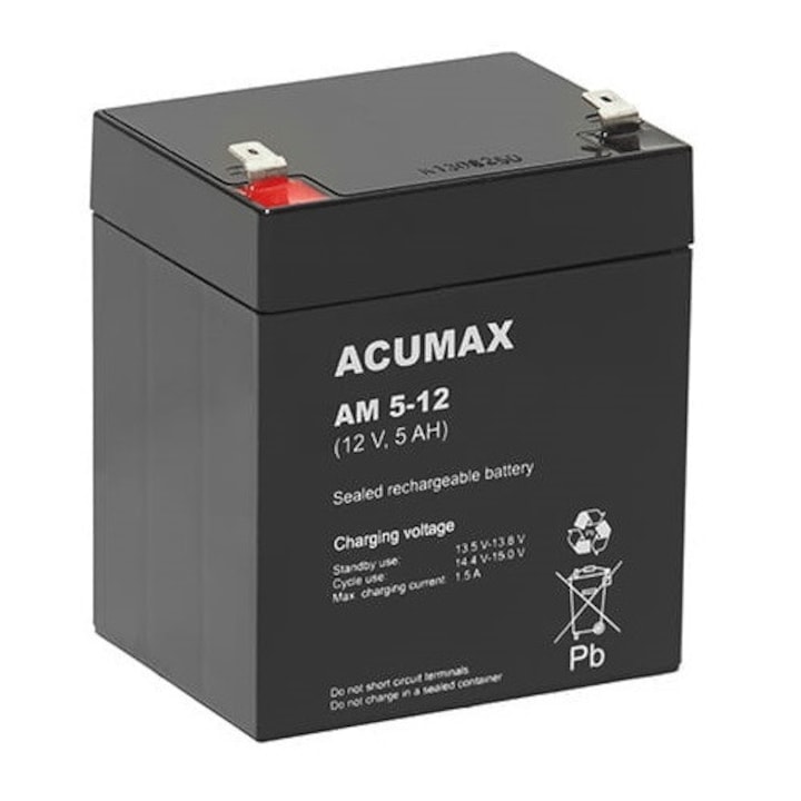 Set acumulatori ACUMAX AM 5-12, 12V, 5Ah, tehnologie AGM, dimensiuni 90x70x107mm