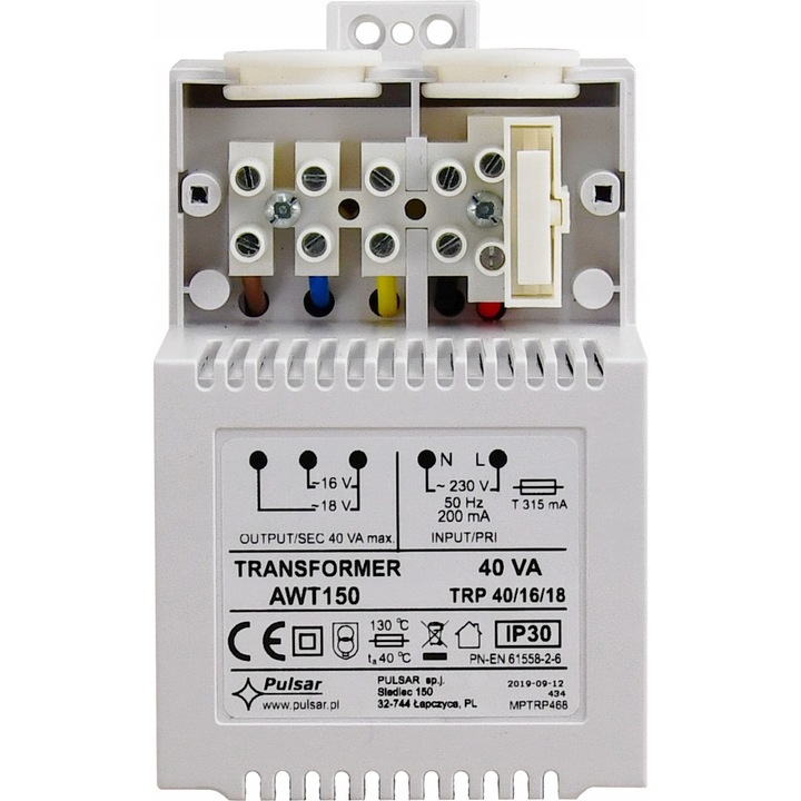 Transzformátor PULSAR 40VA 16V/18V 230V, 72x115x70mm, DIN sínre szerelhető
