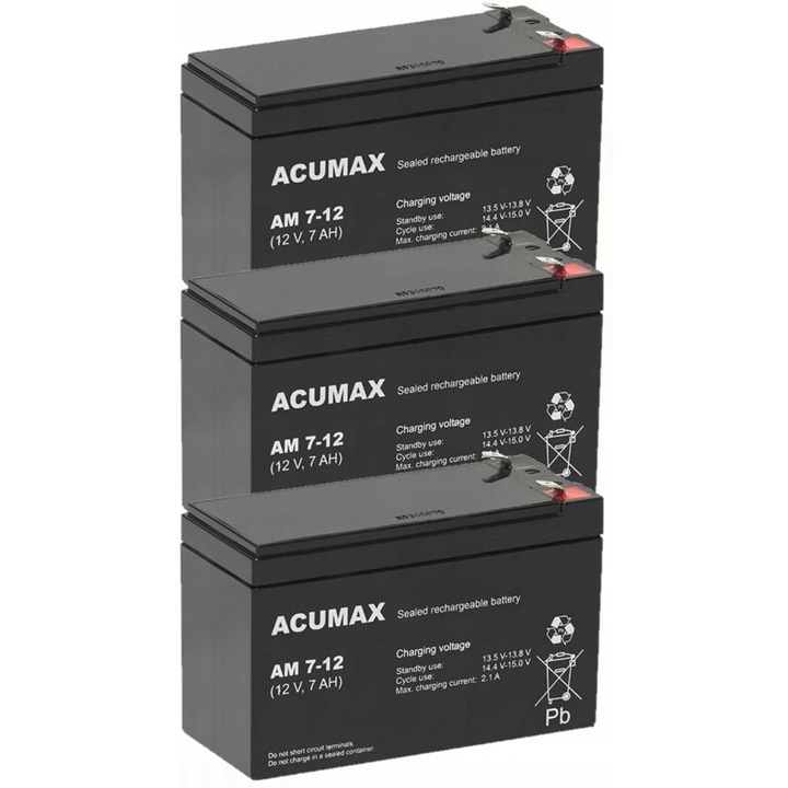 Set acumulatori Acumax AM 7-12, 3x 12V, 7Ah, tehnologie AGM, pentru UPS