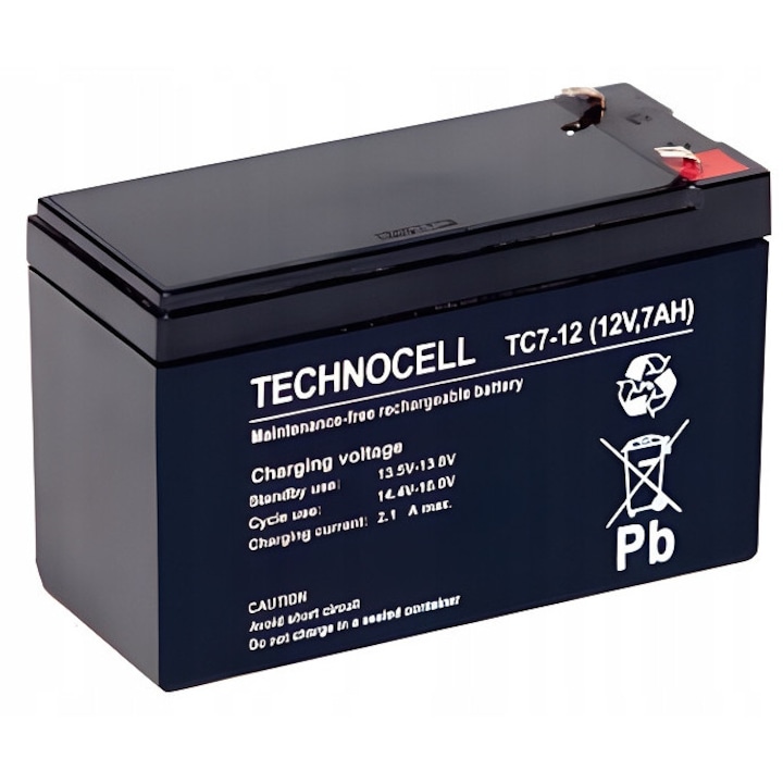 Acumulator AGM 12V 7Ah Technocell, monoblok, fara intretinere, dimensiuni 151x65x102mm