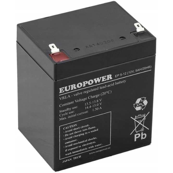 Set acumulatori Europower EP 5-12, 12V, 5Ah, tehnologie AGM, pentru UPS