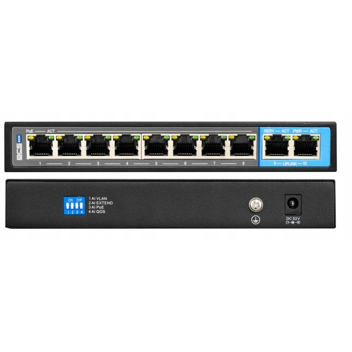 Switch PoE BCS-B-SP08G02G, 8 PoE порта 10/100/1000 Mbps, 2 uplink порта, 96W, настолен, 184x94x27mm