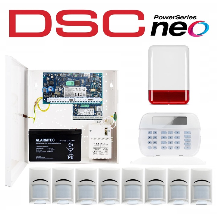 Sistem alarma DSC, set complet, 8 senzori de miscare PIR, compatibil cu animale de companie, alb, dimensiuni 280x290x80mm