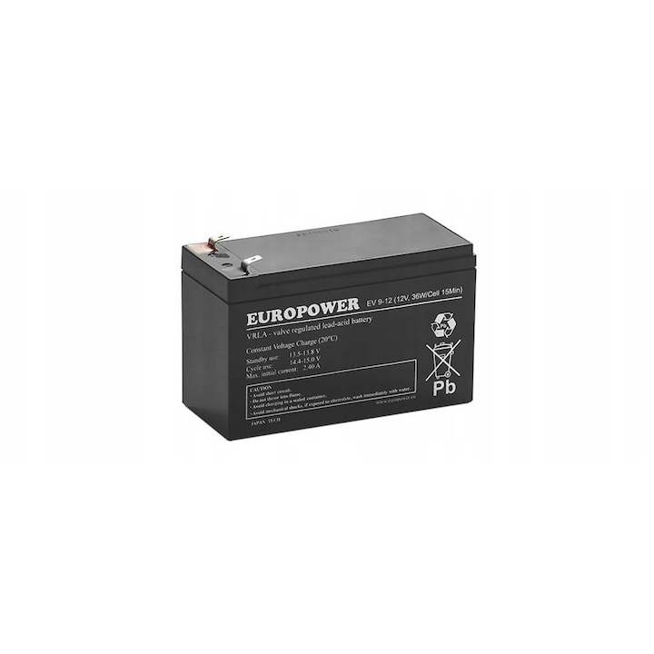 Acumulator EUROPOWER 12V 9Ah AGM, monoblok, fara intretinere, dimensiuni 151x65x102mm