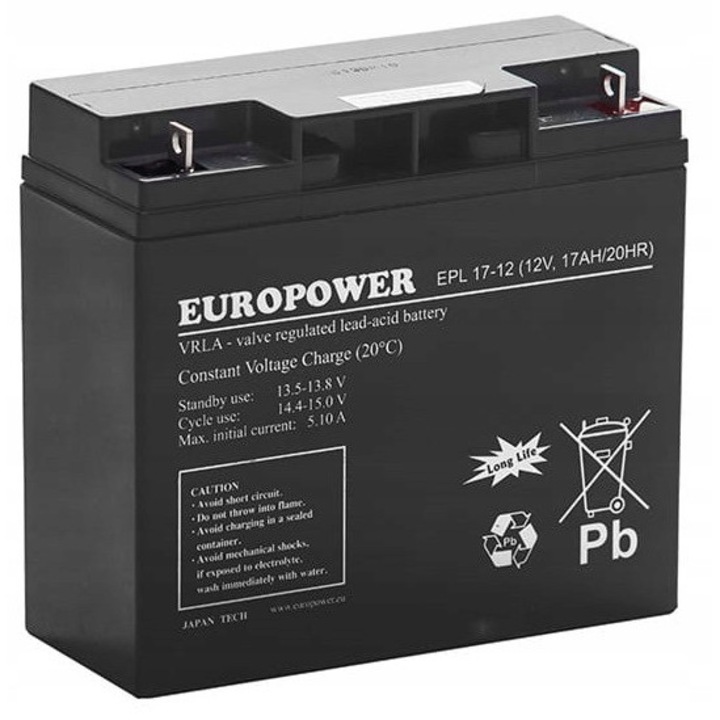 Acumulator AGM VRLA EUROPOWER EPL 17-12, 12V, 17Ah, dimensiuni 166x181x76mm