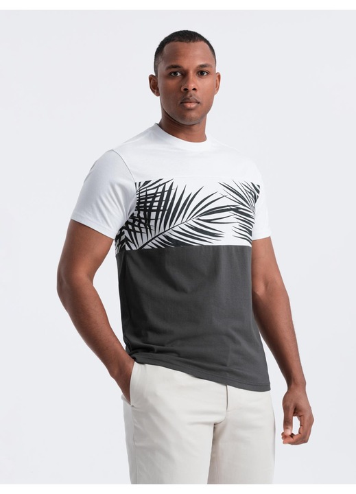 OMBRE Tricou barbati cu imprimeu palme, bumbac moale, croiala regular, Gri inchis