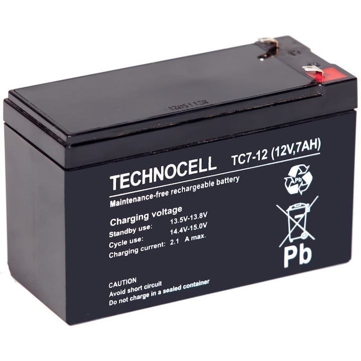 Acumulator AGM 12V 7Ah TECHNOCELL TC 7-12, fara intretinere, dimensiuni 151x65x99mm