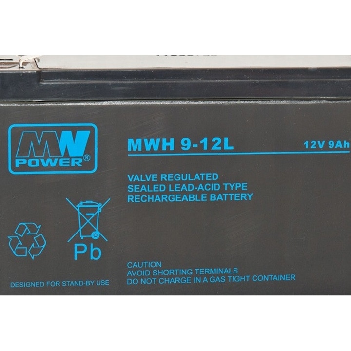 Acumulator AGM 12V 9Ah MW Power, tehnologie VRLA, dimensiuni 151x65x102mm, T2 Faston