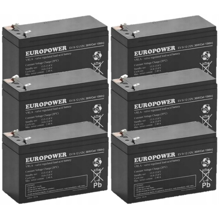 Set de 6 acumulatori Europower EV 9-12, 12V, 9Ah, tehnologie AGM, pentru UPS