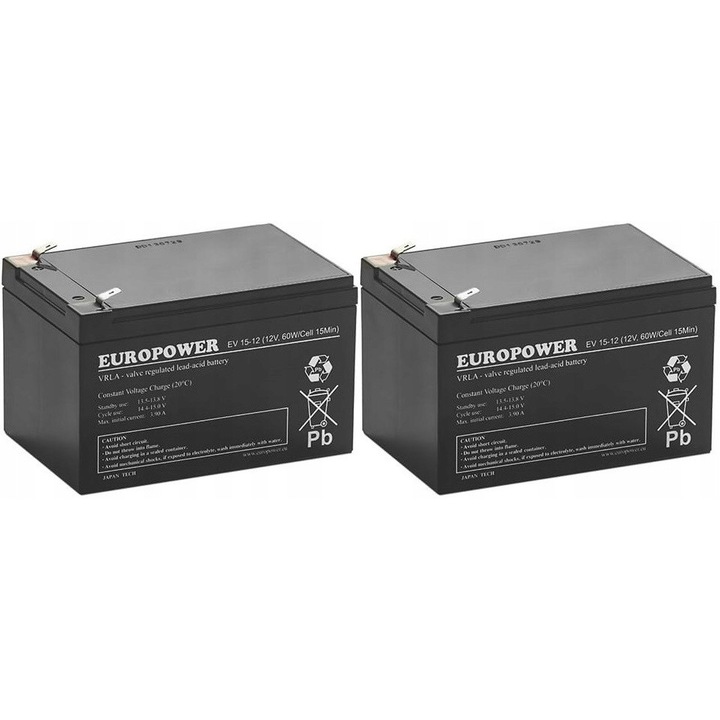 Set de acumulatori EUROPOWER RBC52 2x EV 15-12, 12V, 15Ah, tehnologie AGM