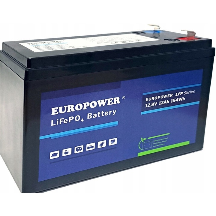 Акумулатор LiFePO4 EUROPOWER LFP 12Ah 12,8V, 2000 цикъла, IP56, 95x151x65mm