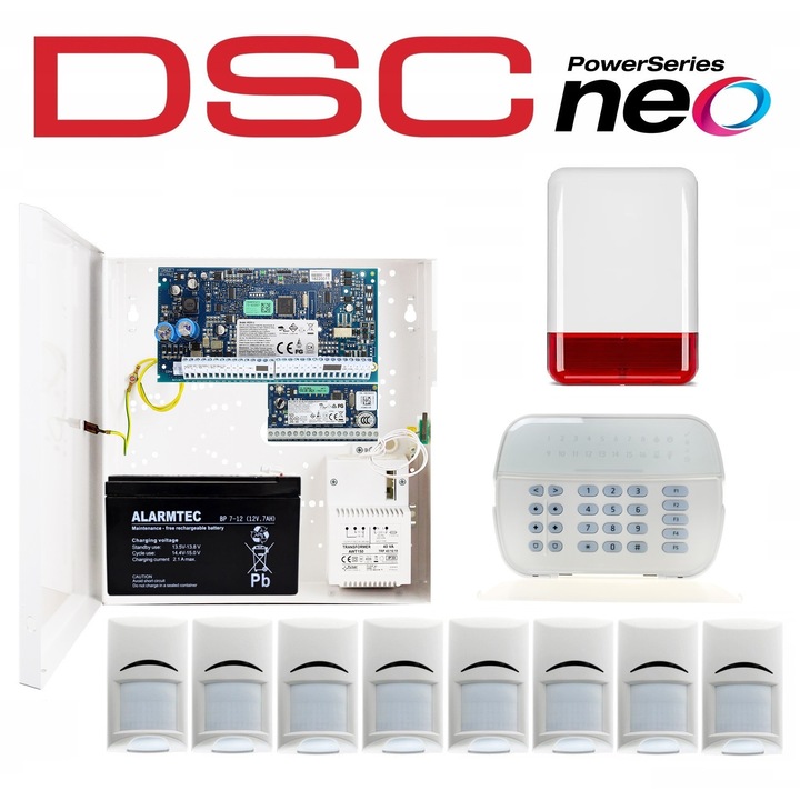 Sistem alarmare DSC, set complet, 8 senzori de miscare PIR, compatibil cu animale de companie, alb
