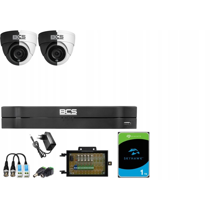 Set de monitorizare BCS Universal 5Mpx, 2 camere BCS-EA15FR3, HDD 1TB, accesorii, alb