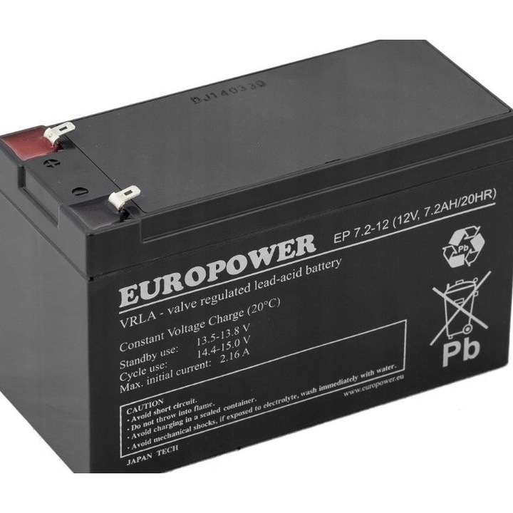 Acumulator AGM EUROPOWER EP 7.2Ah 12V, dimensiuni 93x151x65mm, utilizare in sisteme UPS