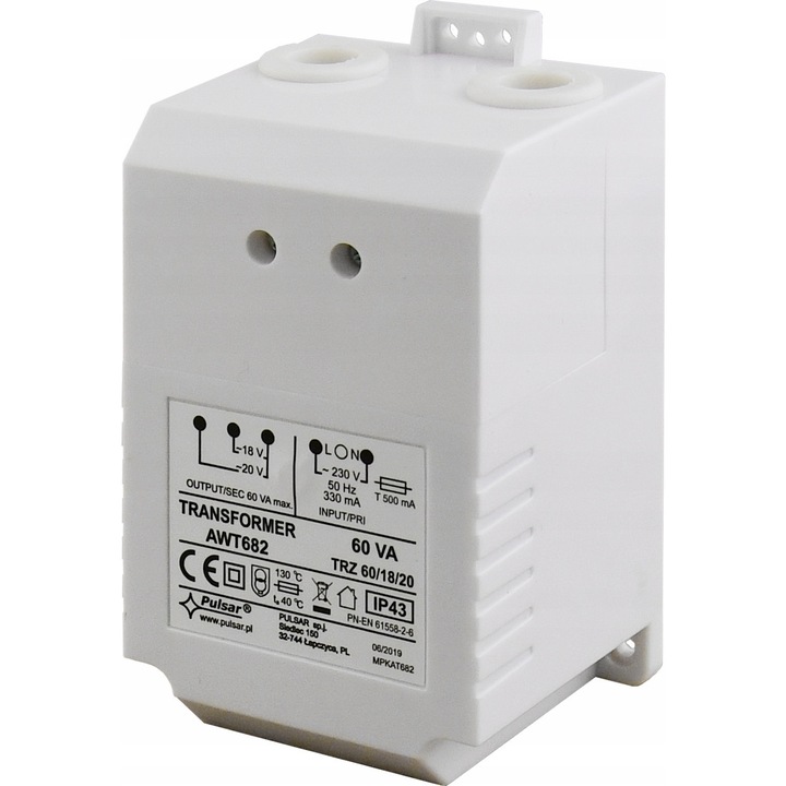 Transformator PULSAR AWT682 60VA 18V/20V 230V IP43 75x124x65mm