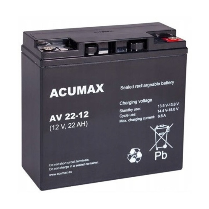 Acumulator AGM VRLA Acumax AV 22-12, 12V, 22Ah, dimensiuni 168x182x77mm, greutate 6.9kg