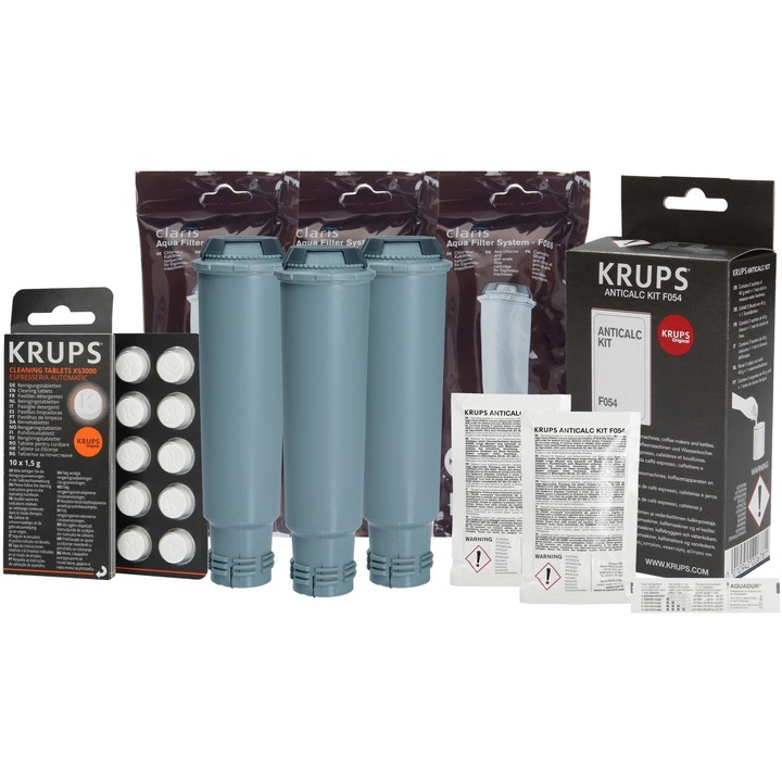 Set intretinere pentru espressoare Krups: 3x Filtru F088, tablete XS3000, odorizant F054