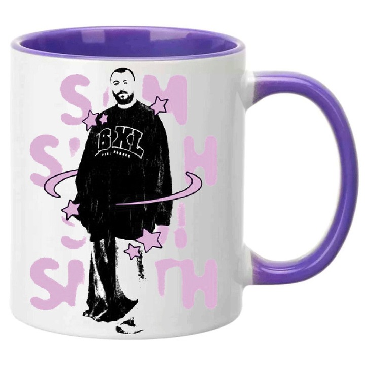 Cana ceramica 330ml Sam Smith no4, alb si mov, design modern, rezistent la masina de spalat vase