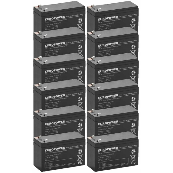 Set acumulatori Europower TBC49, 12x EV 9-12, 12V, 9Ah, tehnologie AGM