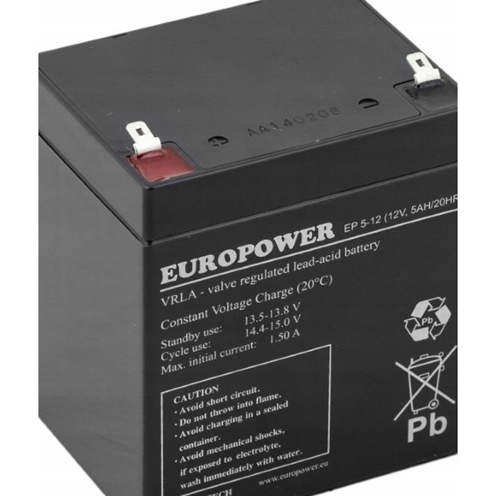 Acumulator AGM 12V 5Ah EUROPOWER EP 5-12, fara intretinere, dimensiuni 102x90x70mm