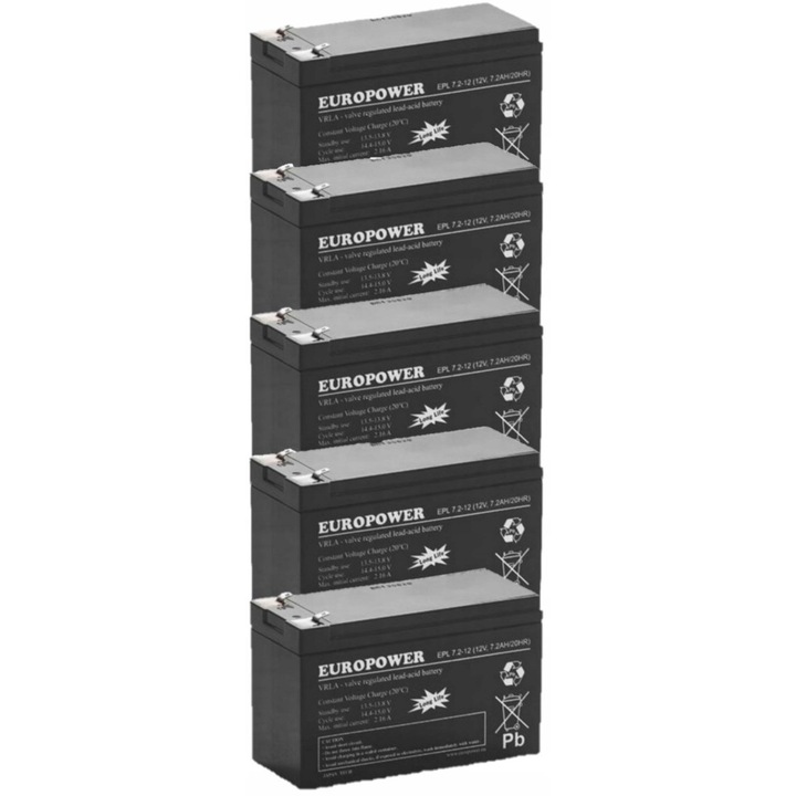 Set 5 acumulatori Europower EPL 7,2-12, 12V, 7,2Ah, tehnologie AGM, pentru UPS