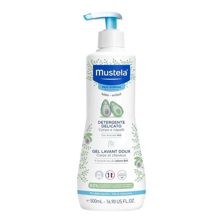 Gel de dus si sampon Mustela, 500 ml, calmant si catifelant, hipoalergenic