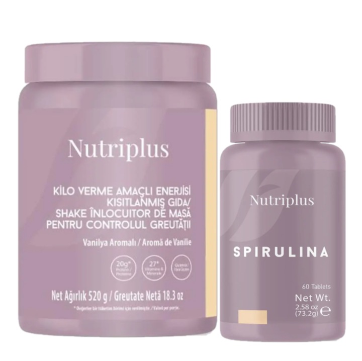 Set pentru controlul greutatii Nutriplus, Shake cu vanilie 520 g si Spirulina 60 tablete, Farmasi