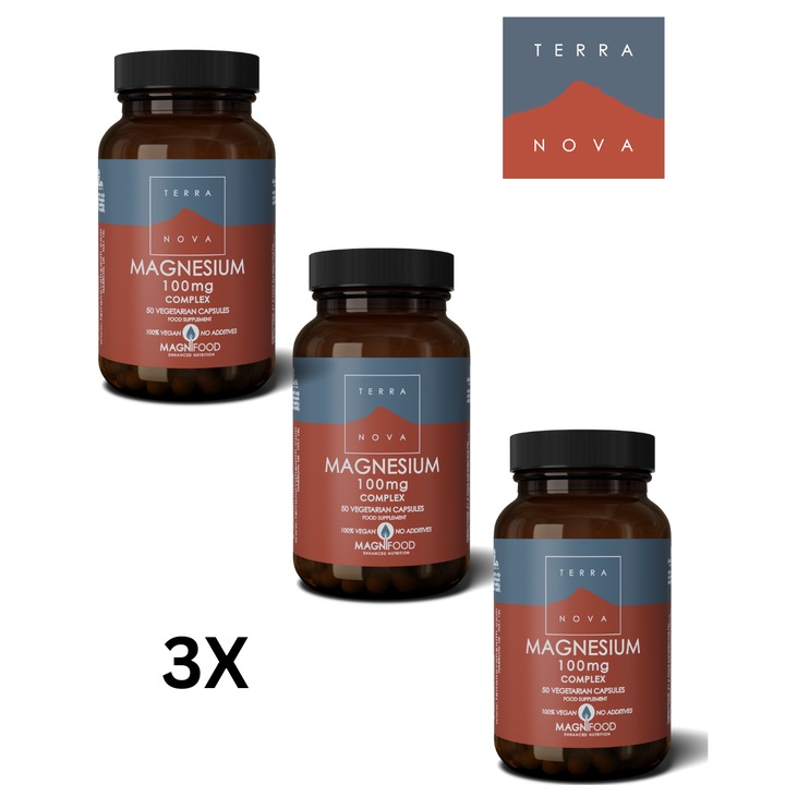 Set 3 x Capsule vegetale Terranova Magnesium 100mg Complex, 50 capsule, vegan, fără aditivi