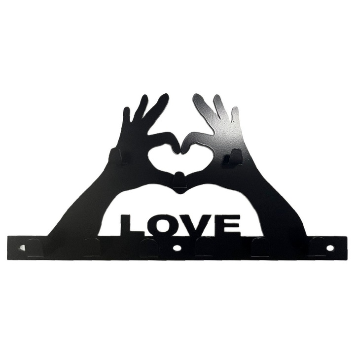 Cuier decorativ LOVE & ART, metal negru mat, design maini in forma de inima, 40.5x28cm