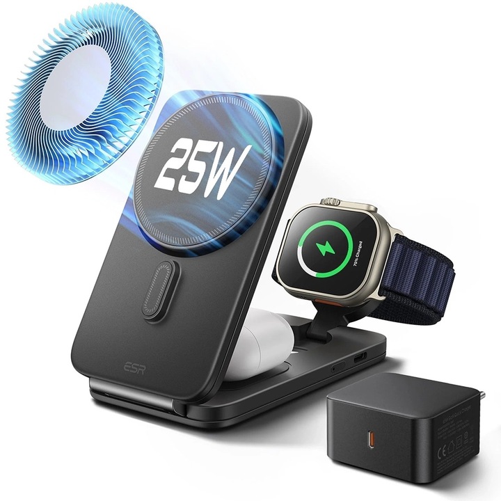 Statie de incarcare wireless 3in1, ESR CryoBoost, 25W, negru, 106x62x19.9mm, set inclusiv adaptor 65W si cablu Type-C