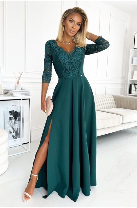 Rochie Numoco lunga eleganta verde cu dantela, Verde