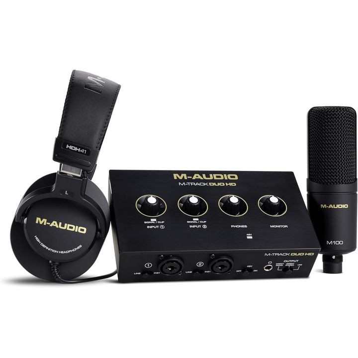 M-AUDIO M-Track Duo HD audio interfész, M100 kondenzátor mikrofon, HDH41 monitor fejhallgató, komplett szett