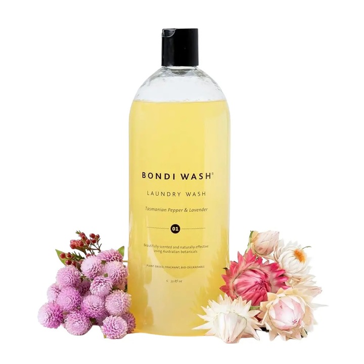 Detergent natural concentrat de rufe premium Bondi Wash, 50 spalari, parfum piper tasmanian si lavanda​​​​​​​, 100% vegan, contine ingrediente naturale si biodegradabile, infuzata cu uleiuri esentiale, non-toxic, antibacterian, 1000 ml