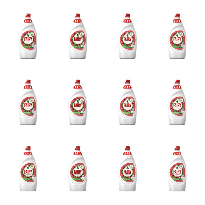 Detergent de vase, Procter & Gamble, Fairy, 900 ml, 12 bucati, indepartare eficienta a grasimii, spuma de lunga durata, parfum placut de rodie, Multicolor, set de 12 bucati, detergent de vase, formula concentrata, complex de protectie a pielii