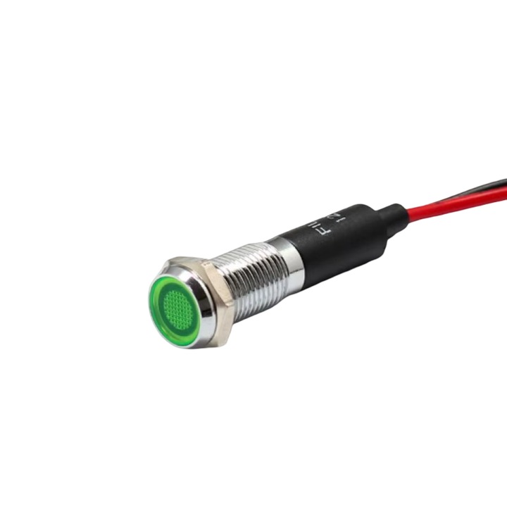 Indicator LED plat de panou FILN, 8mm, verde, 12-24V DC, IP67, 2 fire 20cm