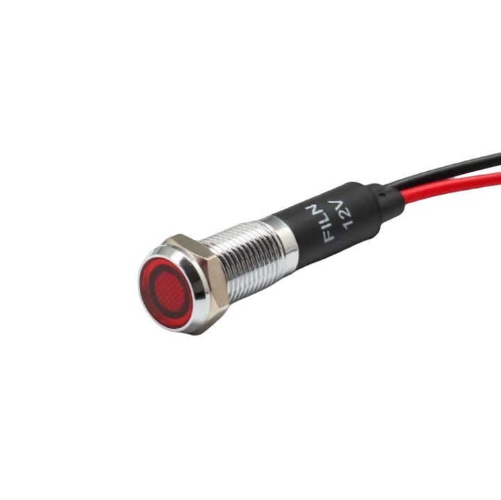 Indicator LED plat de panou FILN, 8mm, roșu, 12-24V DC, IP67, cablu preconectat