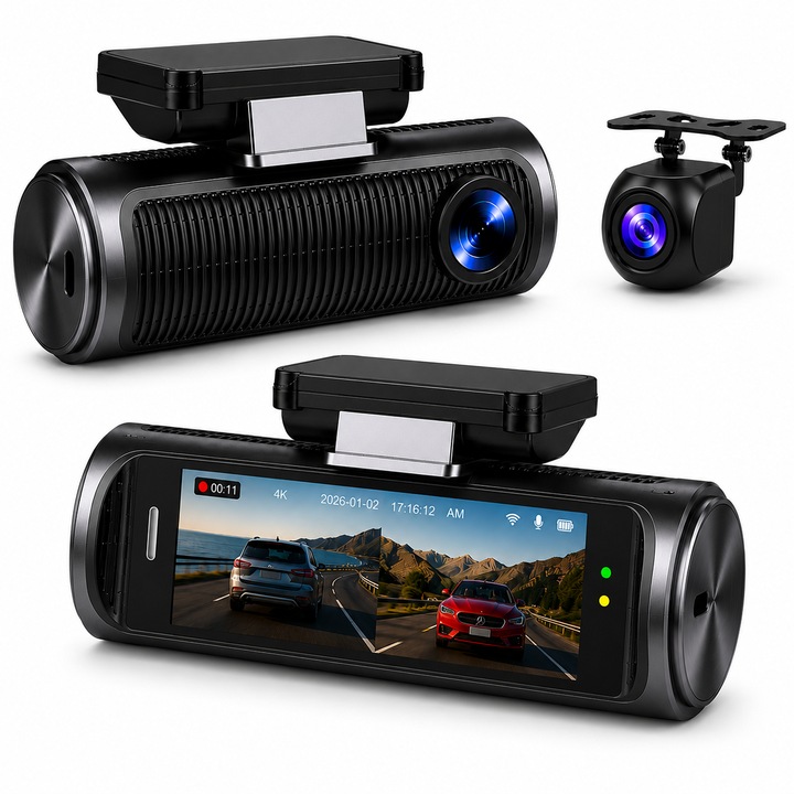 Camera auto DVR 4K Ultra HD 2160P, WiFi si GPS integrat, ecran 3.2”, nightvision, unghi larg, senzor G, inregistrare in bucla, suport card memorie, USB-C, include cablu hardwire pentru alimentare directa