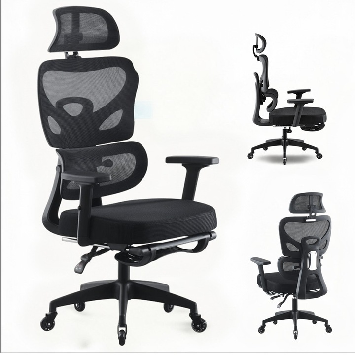 Scaun Ergonomic, TOP SCAUNE®, Scaun Birou Reglabil, Cotiere 3D Reglabile, Tetiera 3D Ajustabila, Suport Lombar Adaptiv, Spatar Reglabil Inaltime 5 Trepte, Mecanism Inclinare 90–135°, Pivotant 360°, Suport Picioare Retractabil, Mesh Respirabil, Negru