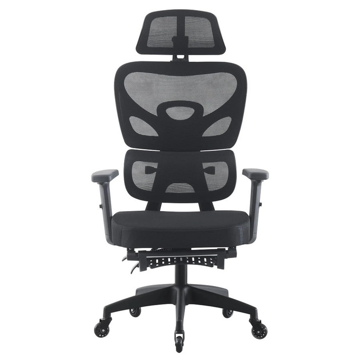 Scaun Ergonomic, TOP SCAUNE®, Scaun Birou Reglabil, Cotiere 3D Reglabile, Tetiera 3D Ajustabila, Suport Lombar Adaptiv, Spatar Reglabil Inaltime 5 Trepte, Mecanism Inclinare 90–135°, Pivotant 360°, Suport Picioare Retractabil, Mesh Respirabil, Negru