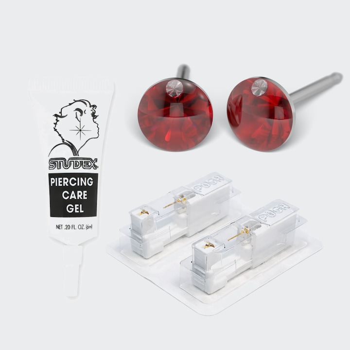 Pachet complet piercing urechi, SENSITIVE, cercei medicinali cu dispozitiv de piercing, zirconia rubin 5mm, otel chirurgical