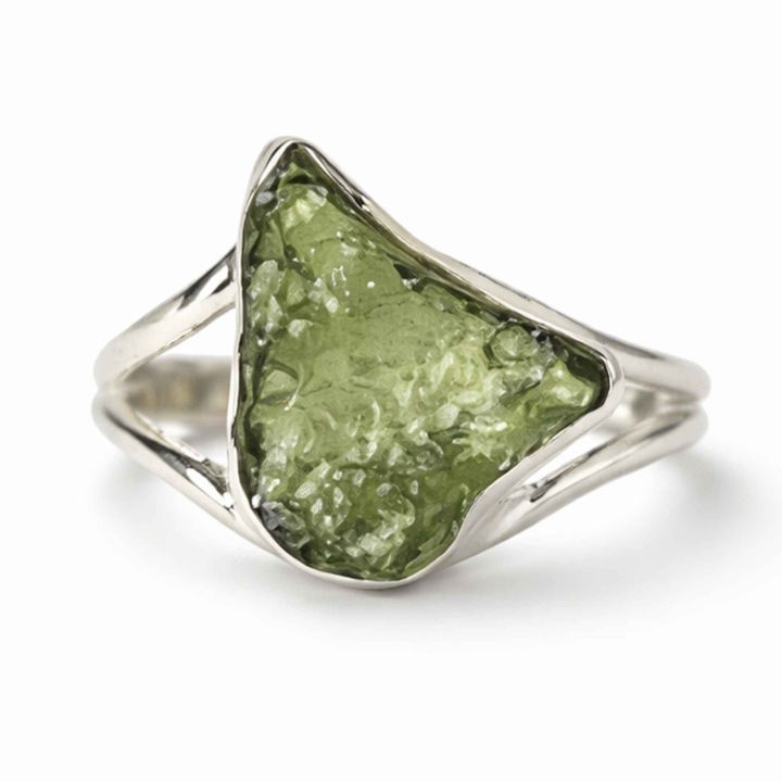 Inel Argint 925 cu Moldavit Natural Brut, Mărime 8/57, Dimensiune 14mm x 16mm