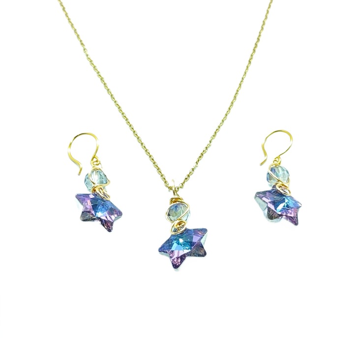 Set bijuterii cu pandantiv și cercei, Lola Bijoux, albastru mov, manual, inox