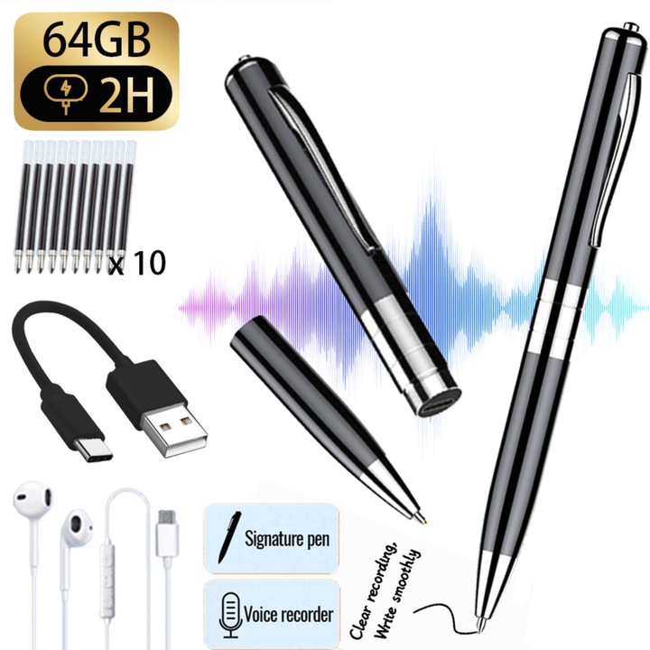 Professzionális toll típusú hangrögzítő, 64 GB-os kémkészülék, 15 órás akkumulátor-üzemidő, zajcsökkentés, MP3 lejátszó és USB pendrive, iOS és Android támogatás, 10 utántöltővel, fekete
