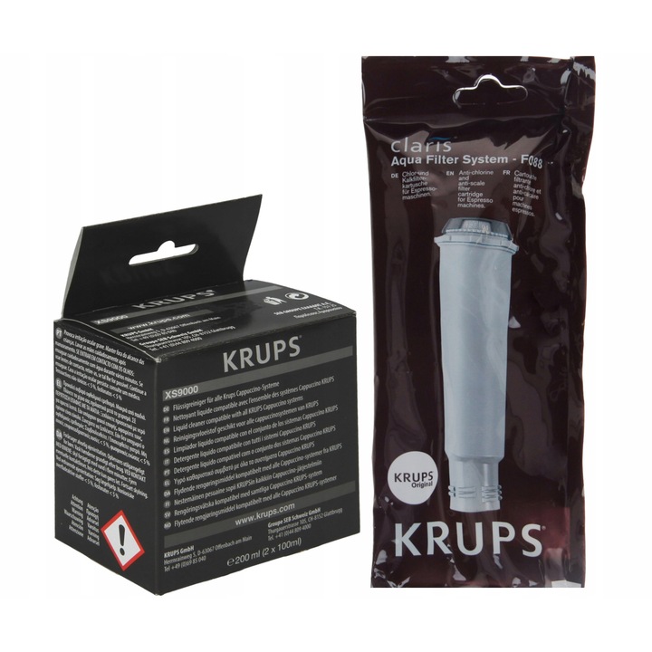 Set conservare Krups, filtr apa Claris F088, lichid curatare XS9000, 2 bucati