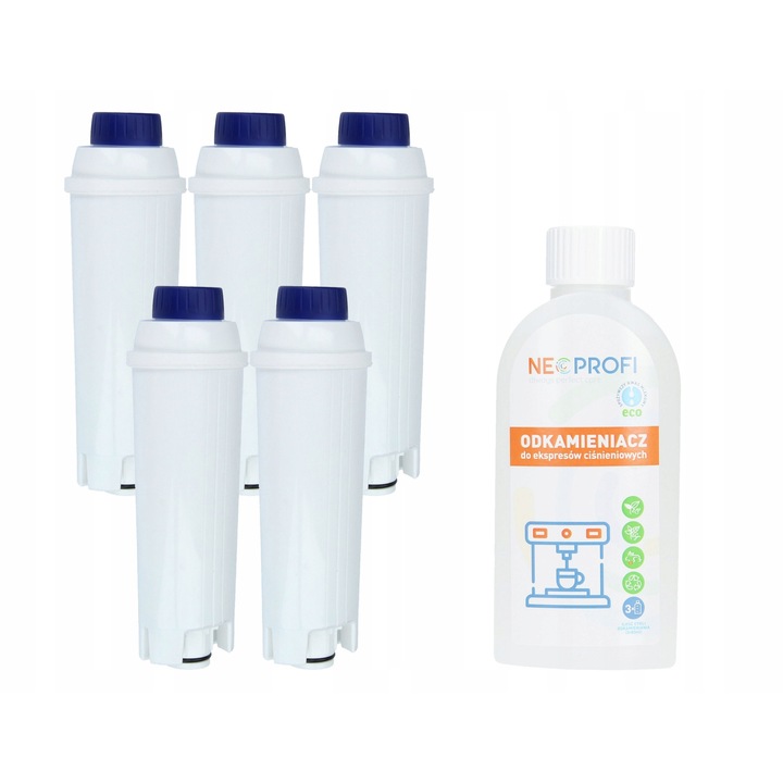 Set intretinere Neoprofi, demineralizator 250ml + 5x filtru SER3017 pentru espressoare DeLonghi