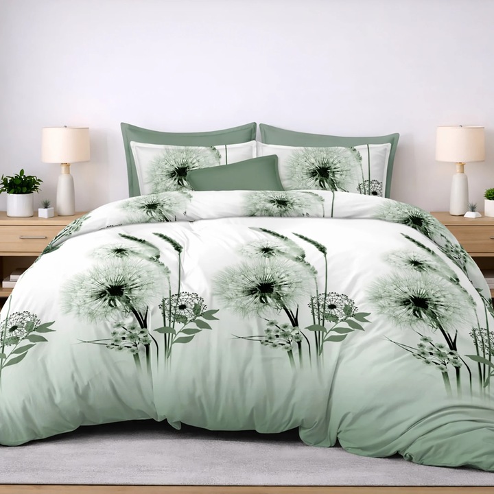 Lenjerie pat bumbac Finet 6 piese PROMO cu husa saltea 160x200 sau 180x200 cm, pilota 200x220 cm, 2 fete perna 50x70 si 70x70 cm, Verde Deschis, Ralex Pucioasa