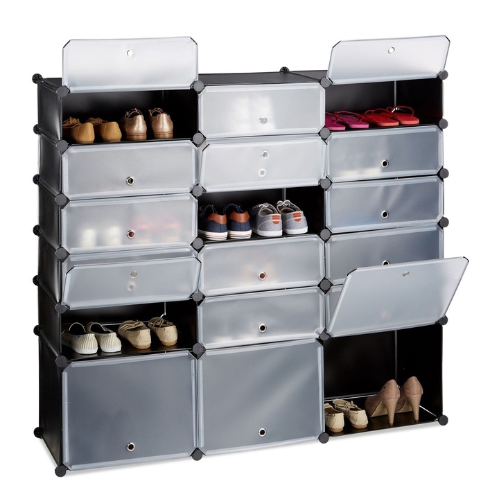 Northio moduláris műanyag cipősszekrény, 18 rekeszes, átlátszó ajtókkal, 36 pár cipő tárolására alkalmas, fehér