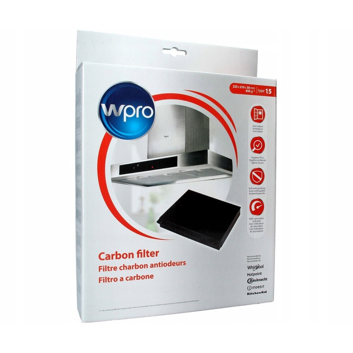 Filtru de carbune, tip 15 pentru hota Wpro, negru, 225x210x30mm, set