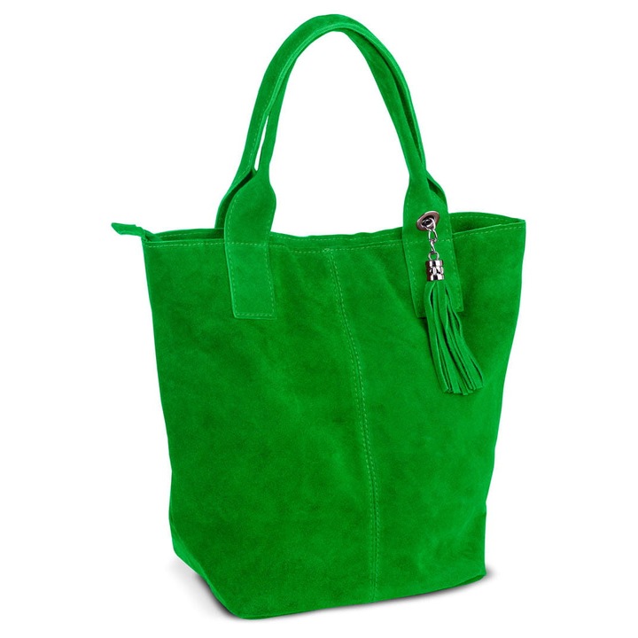 Дамска чанта Vera Pelle, велурена кожа, тревисто зелено, отделение за формат А4, с включена торбичка